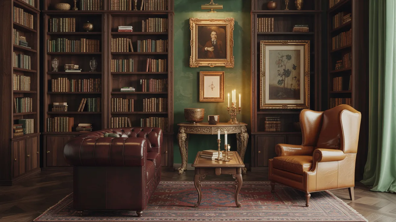 A cozy room featuring a leather chair beside tall bookshelves filled with books.
