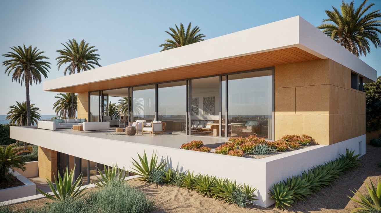 A modern beach house surrounded by palm trees, showcasing a serene coastal environment.