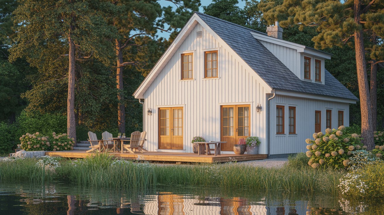 A small cottage by the water featuring a porch and deck, surrounded by greenery and reflecting in the calm water.