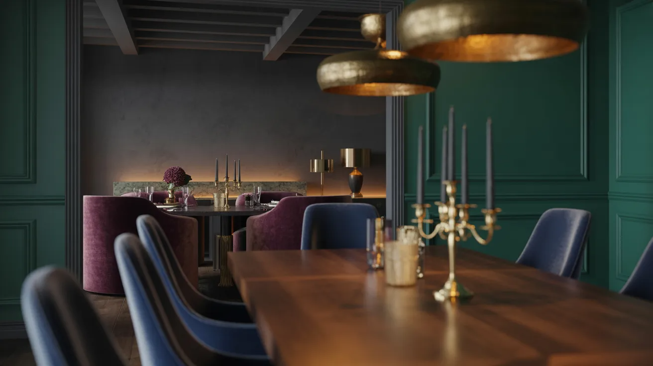 A dining room featuring dark green walls and blue chairs, creating a stylish and inviting atmosphere.