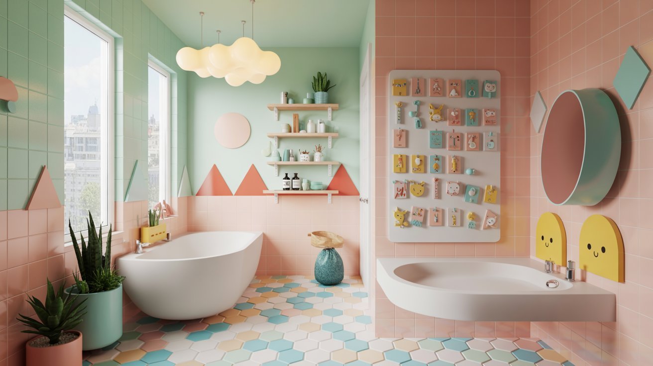 A colorful bathroom with tiles in shades of pink, green, and blue arranged artistically.