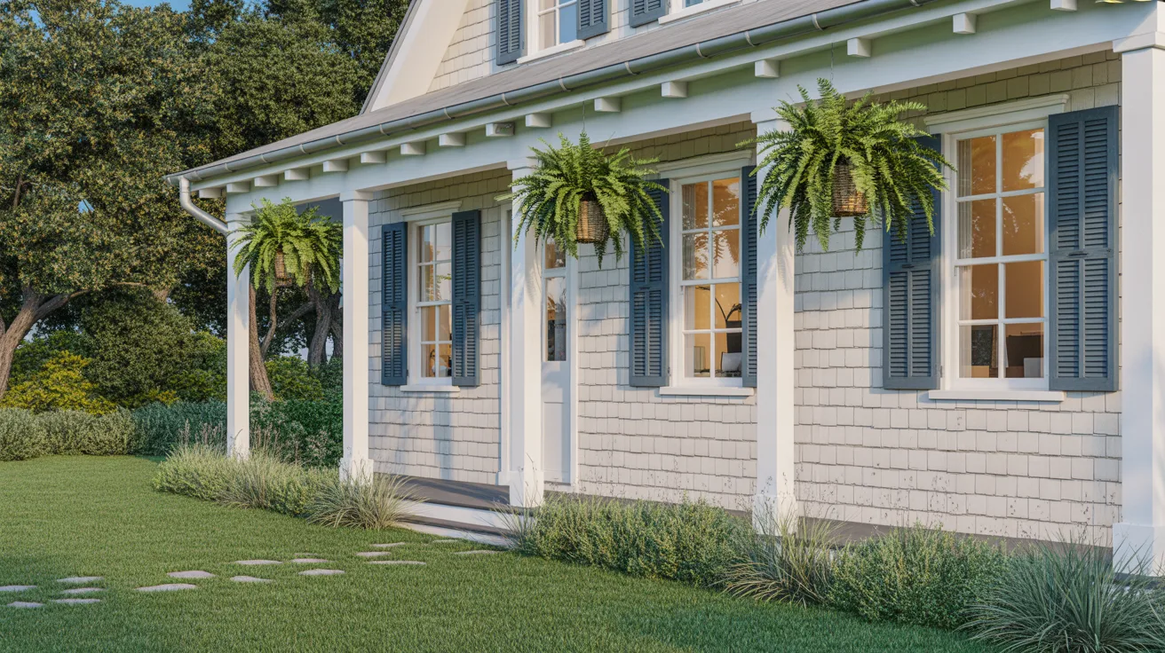 A white house with blue shutters surrounded by a vibrant garden filled with various plants and flowers.