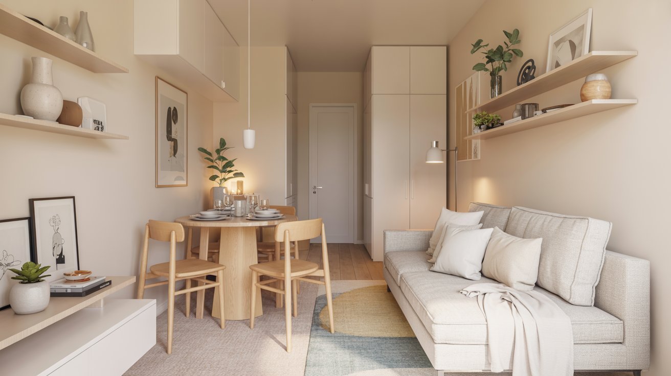 A cozy small living room featuring a table surrounded by chairs, creating an inviting space for gatherings.