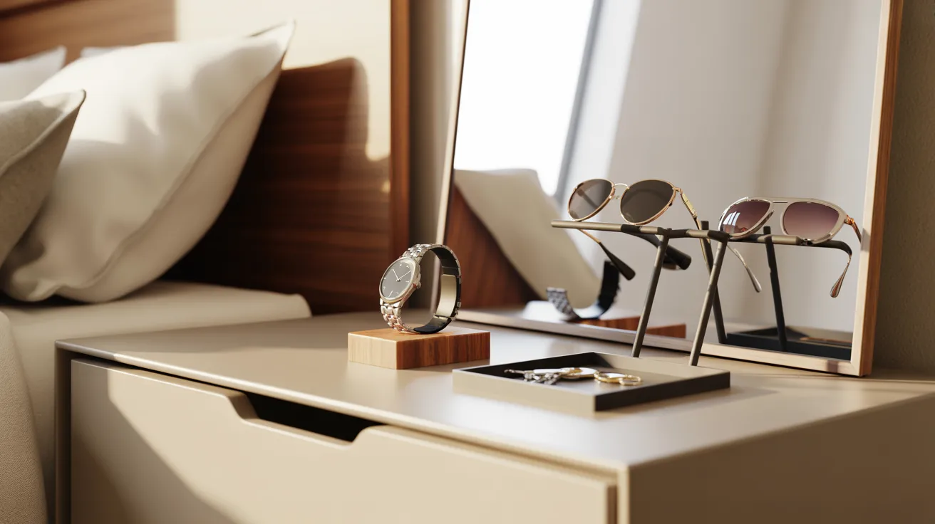 A bedside table displaying a watch, sunglasses, and a mirror, creating a stylish and functional nighttime setup.