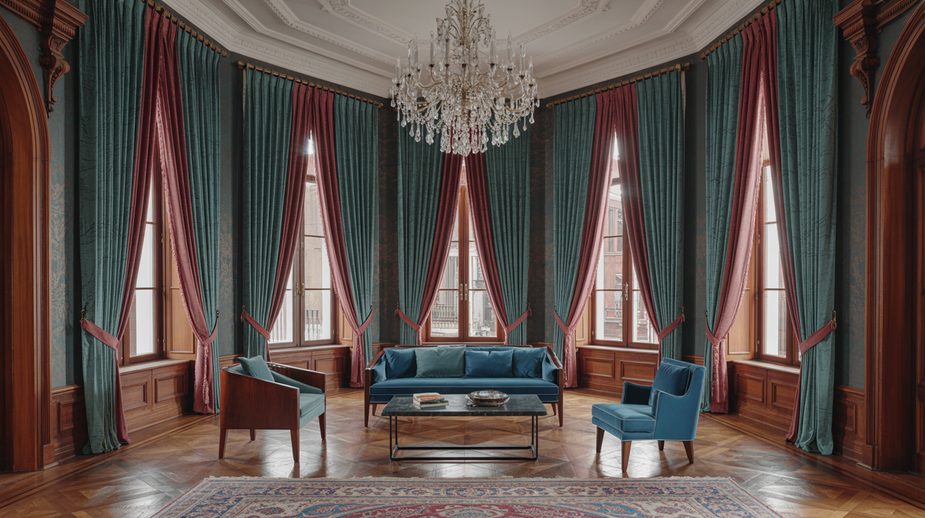 A living room featuring blue chairs and an elegant chandelier hanging from the ceiling.

