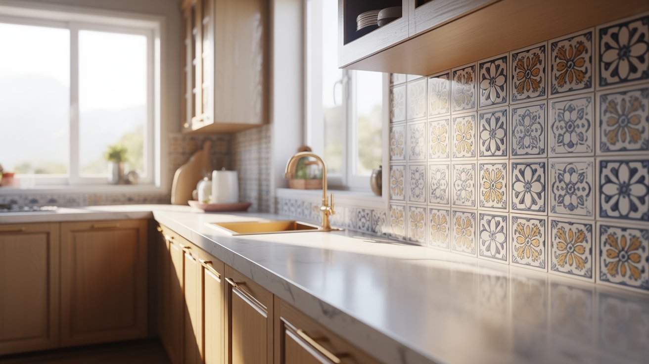 A kitchen featuring a sink and countertop, showcasing a clean and organized cooking space.
