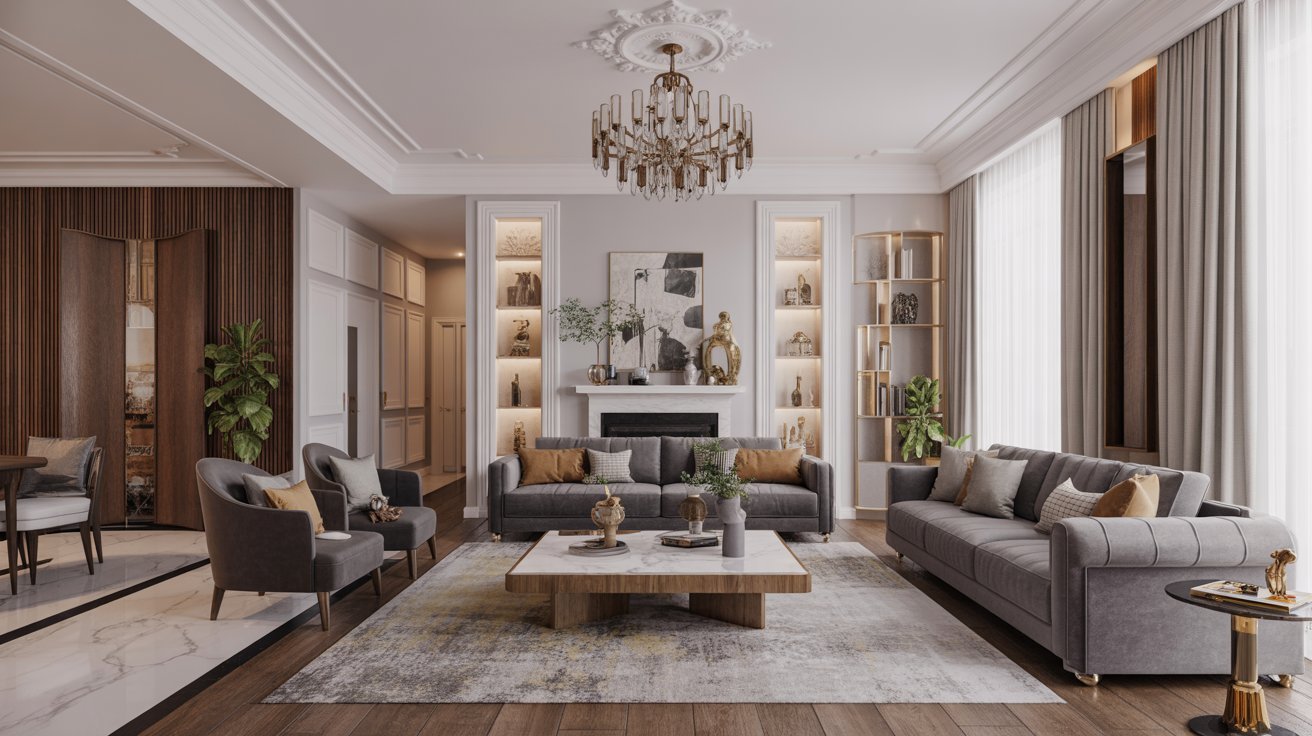 Elegant luxury living room showcasing modern furniture, rich textures, and sophisticated decor ideas for upscale interiors.
