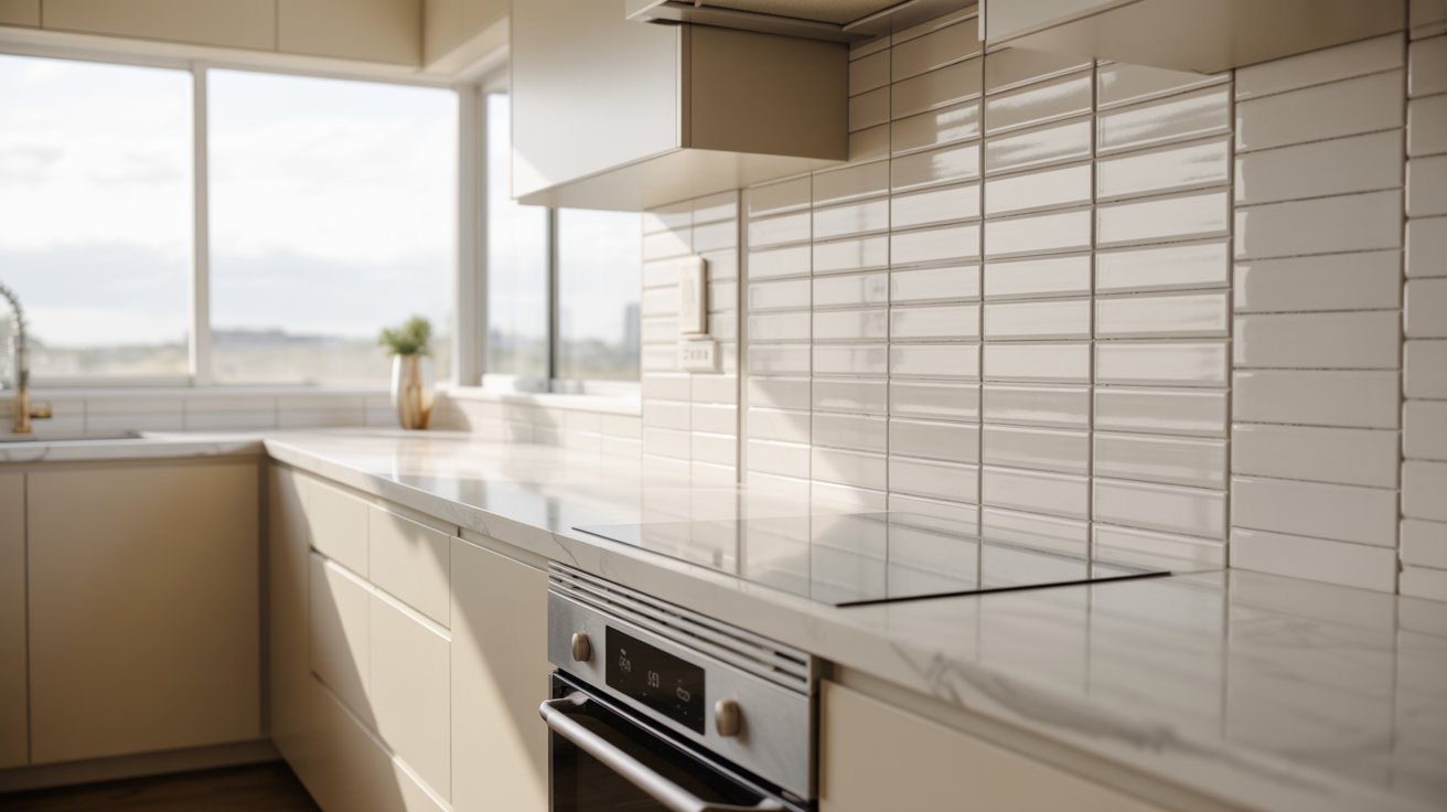 A bright kitchen featuring white cabinets and a large window, allowing natural light to fill the space.