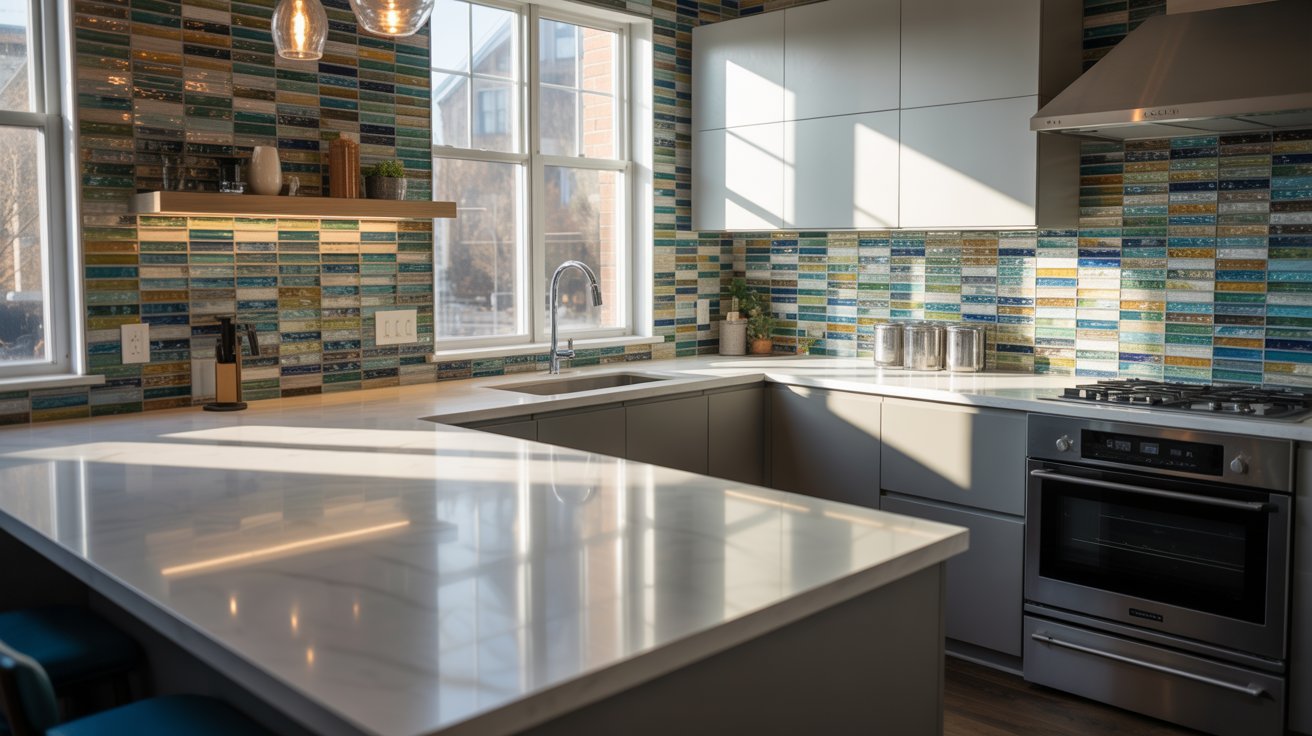 A kitchen featuring a blue and white tiled wall, creating a vibrant and stylish atmosphere.
