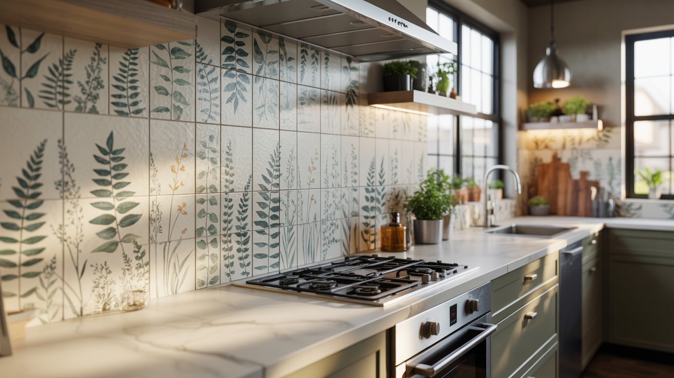 A kitchen featuring green plants adorning the walls, adding a touch of nature to the space.

