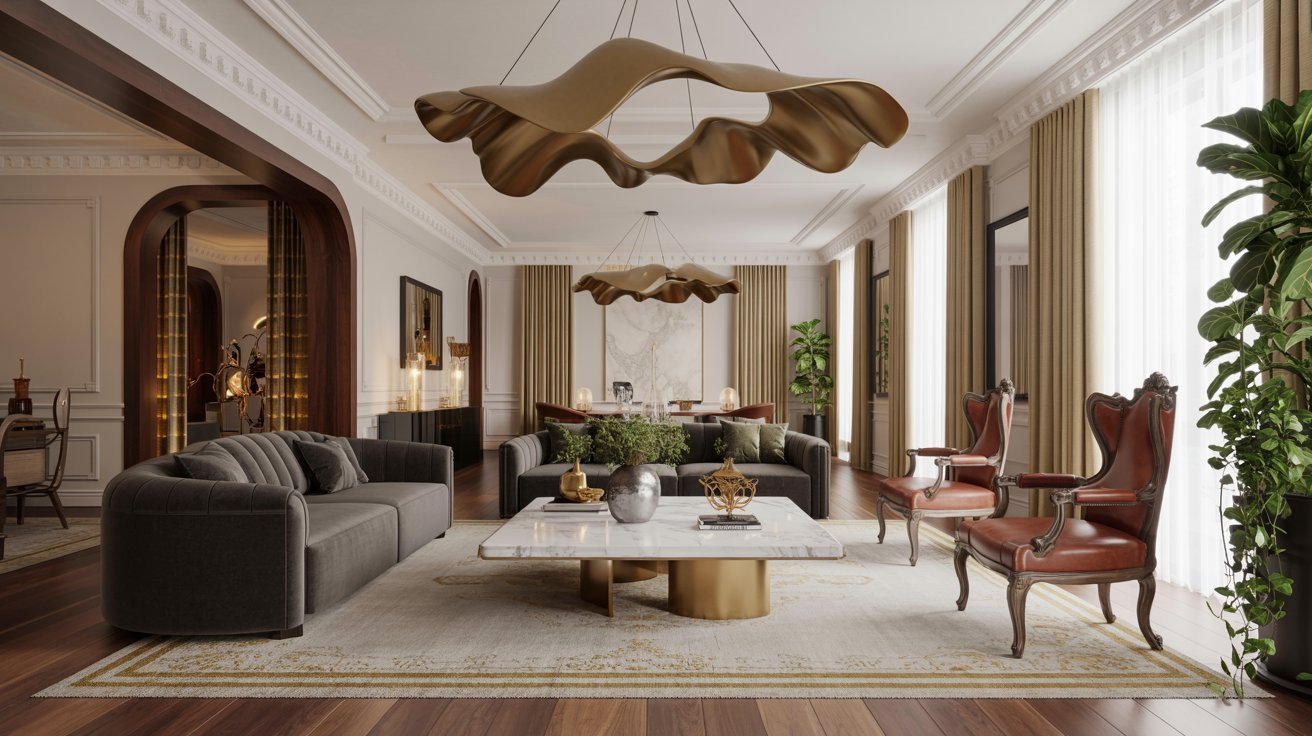  A spacious living room featuring a large chandelier hanging above a grand dining table.