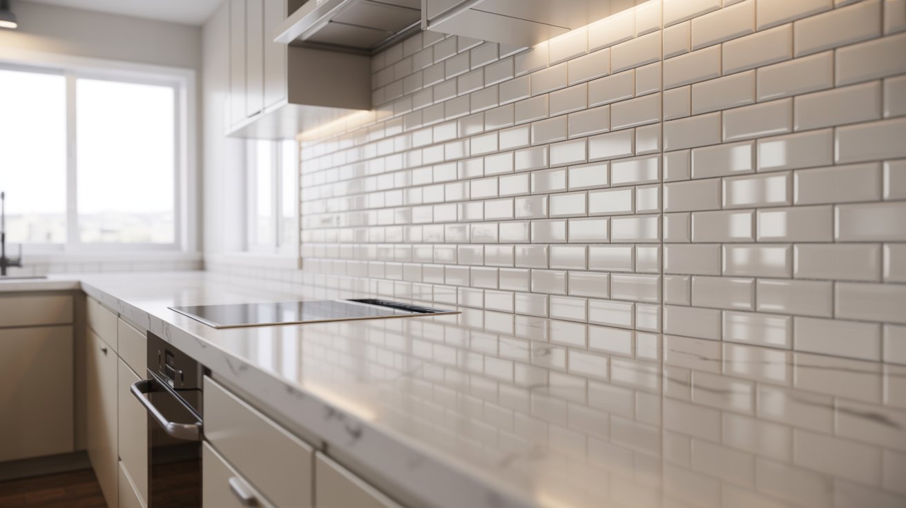 A modern kitchen featuring a white tile backsplash and sleek white cabinets, creating a bright and clean aesthetic.