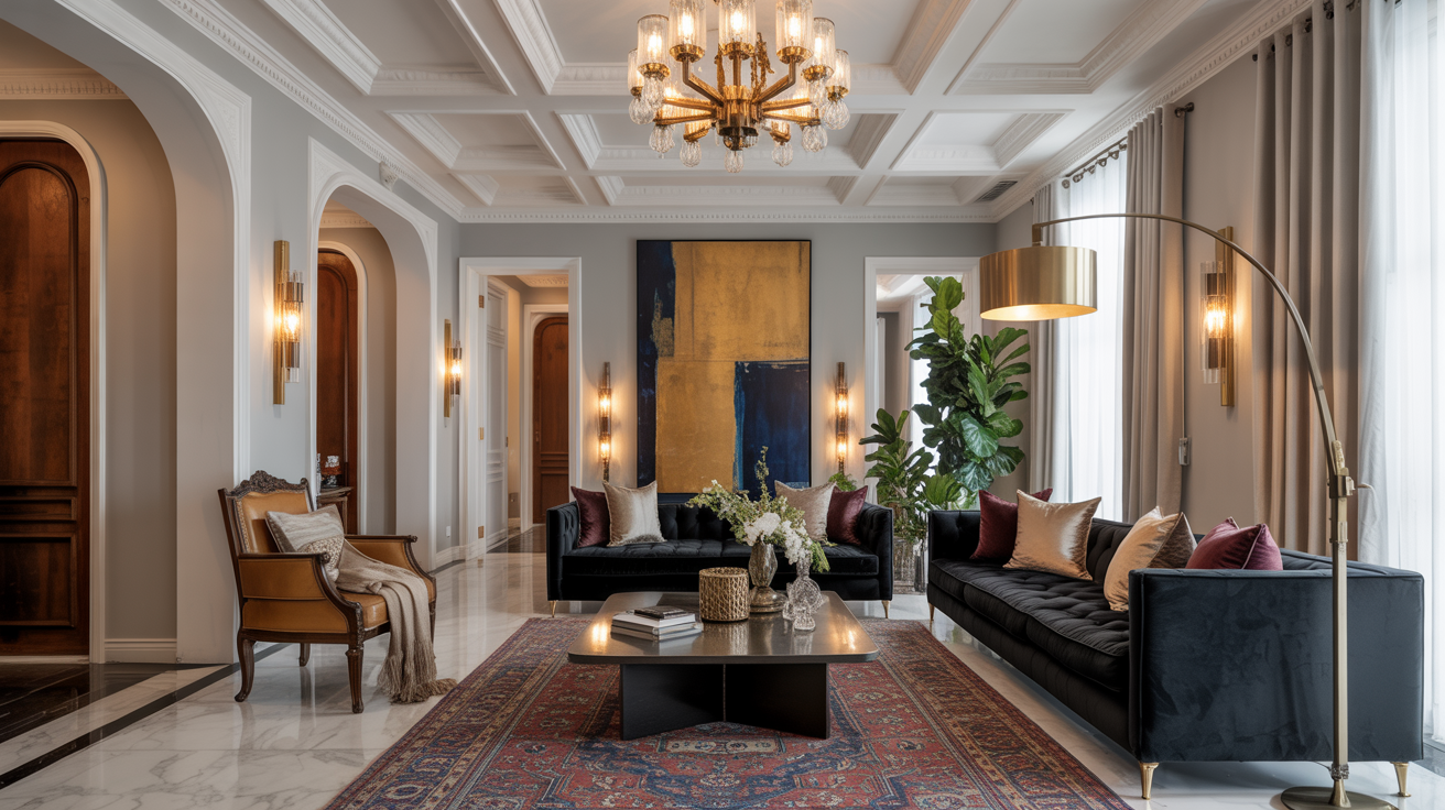  A well-furnished living room showcasing a large painting on the wall, enhancing the room's aesthetic appeal.