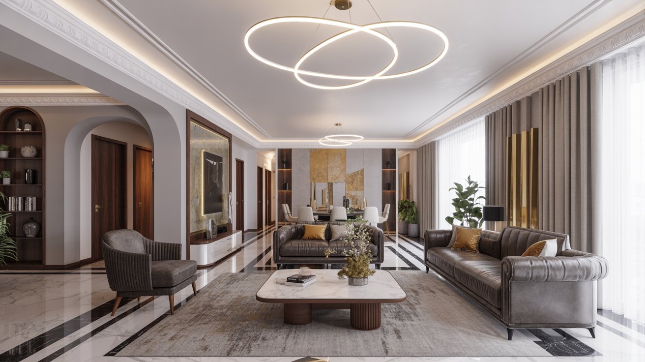 Elegant luxury living room featuring plush furniture, rich textures, and sophisticated decor elements.