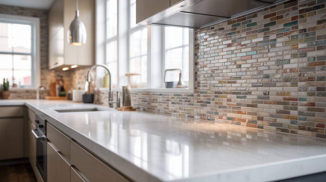 A modern kitchen featuring a white countertop and a vibrant, colorful tile backsplash.
