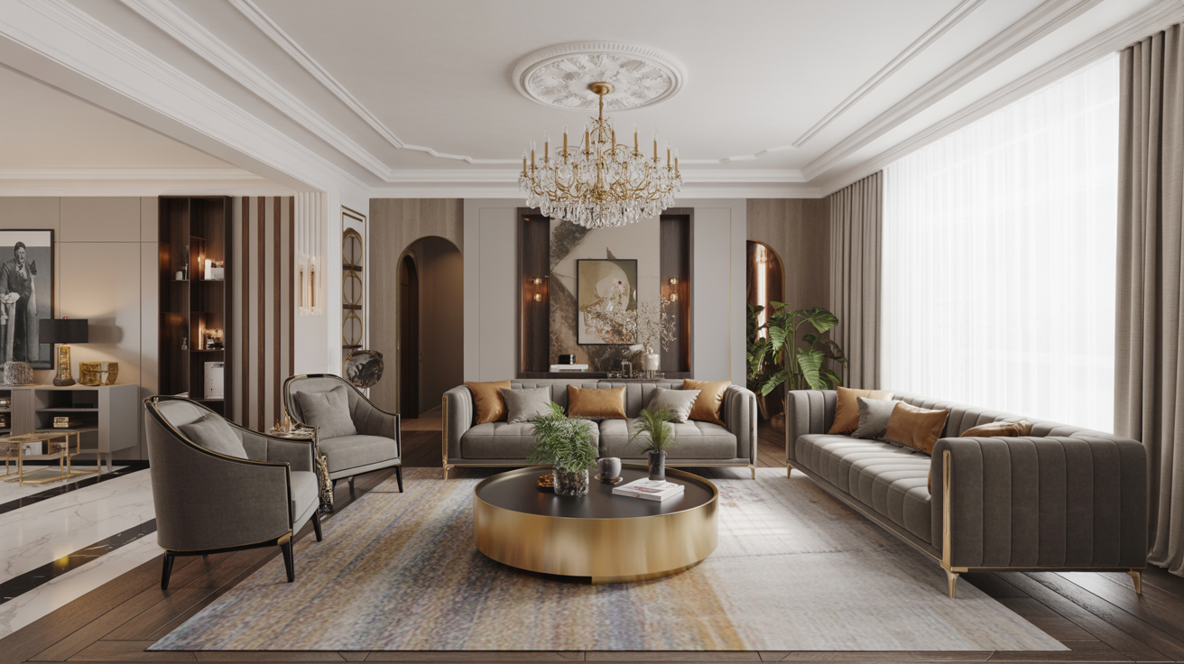  Elegant luxury living room featuring plush furniture, rich textures, and sophisticated decor elements.