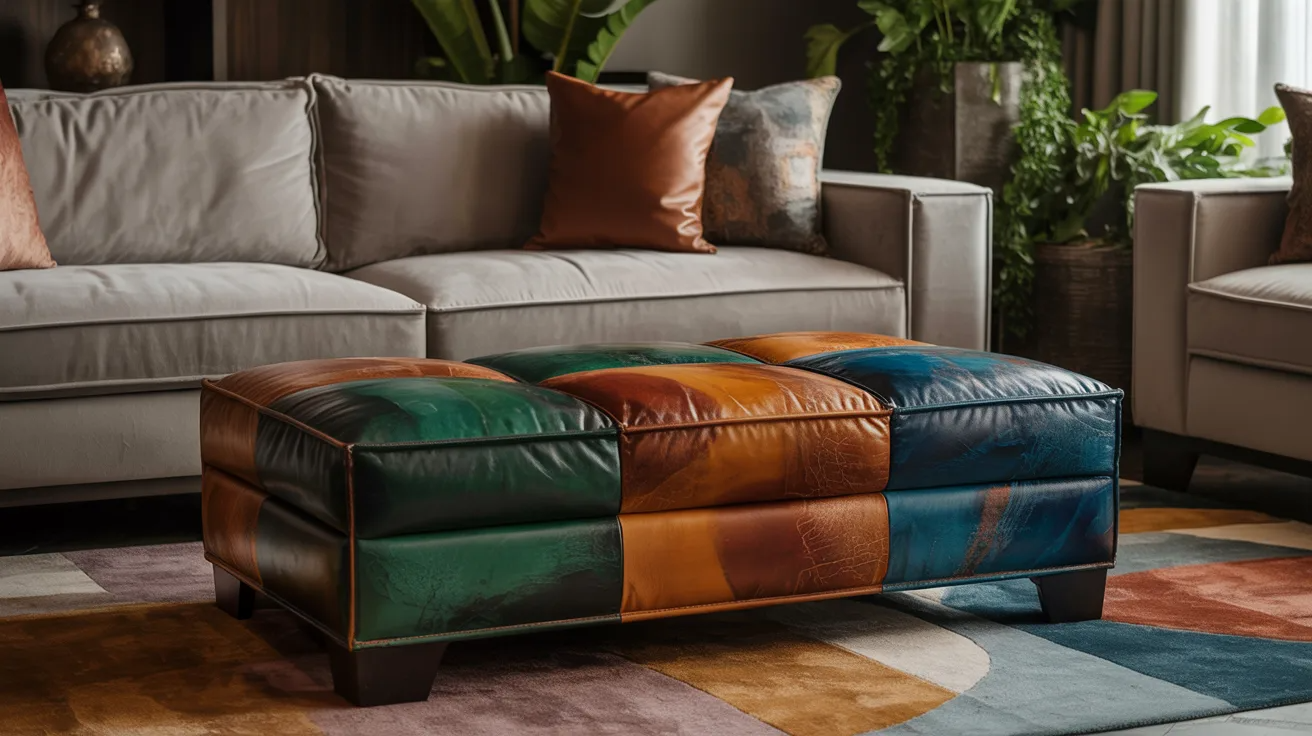 A vibrant, multicolored ottoman with green, orange, and blue patches sits in front of a beige sofa with orange pillows. Plants add a fresh touch.