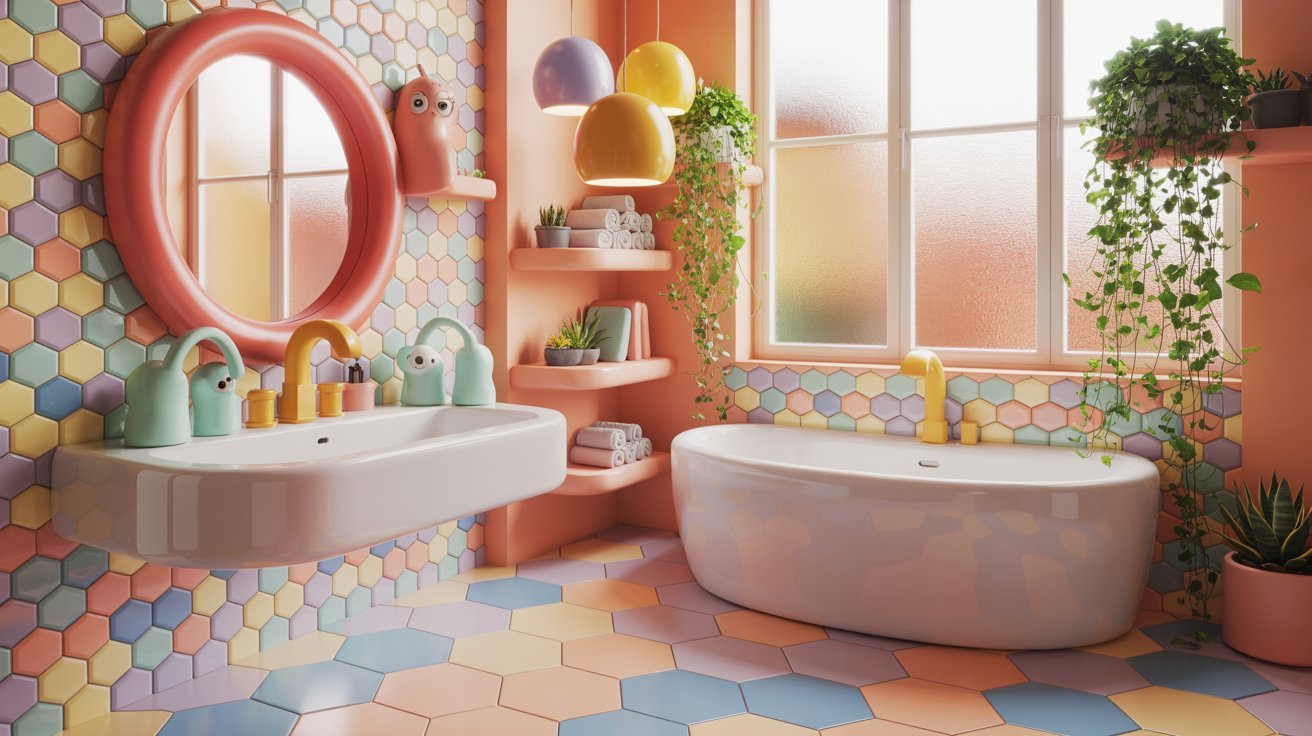 A vibrant bathroom featuring pink and blue walls, creating a cheerful and colorful atmosphere.
