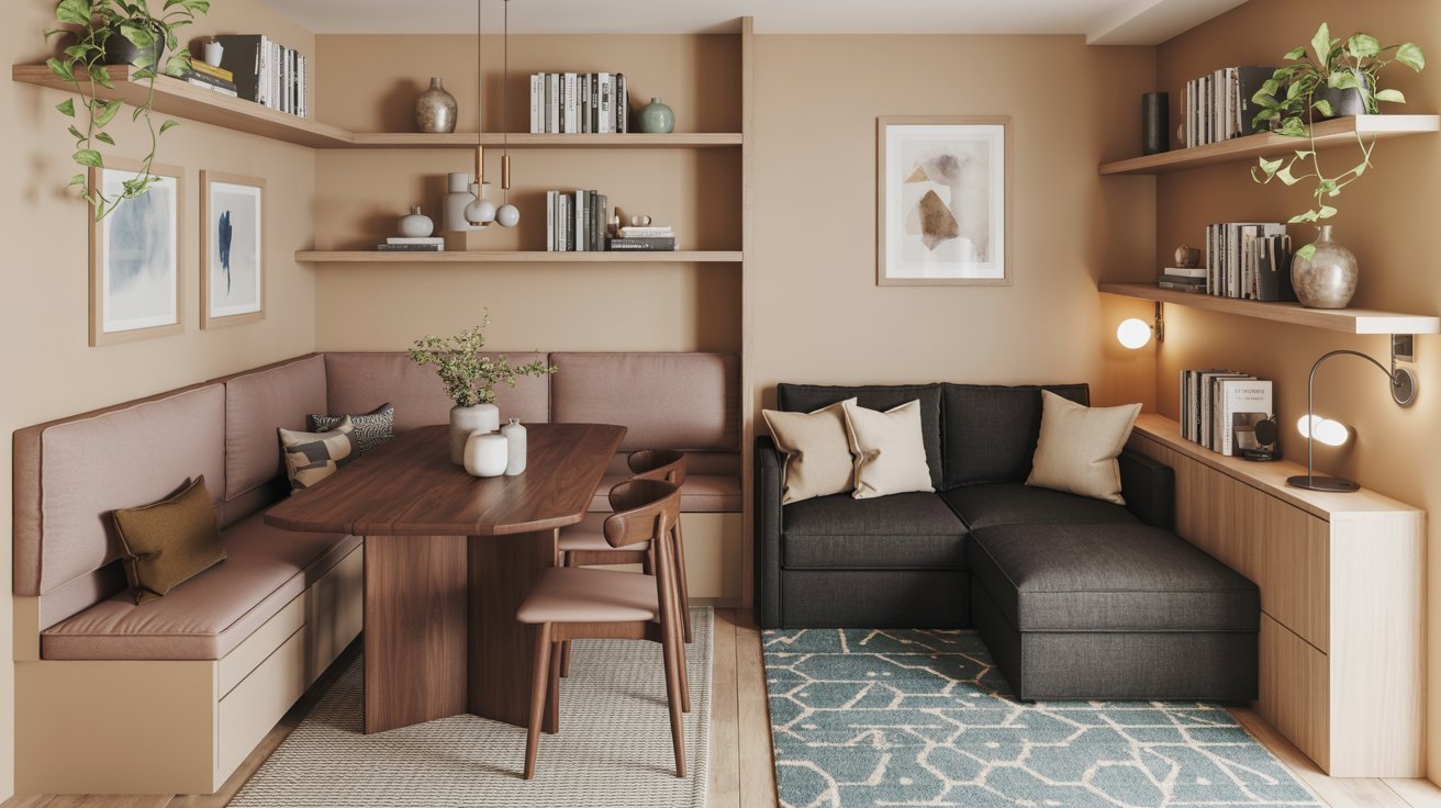 A cozy small living room featuring a couch, a table, and chairs arranged for relaxation and socializing.

