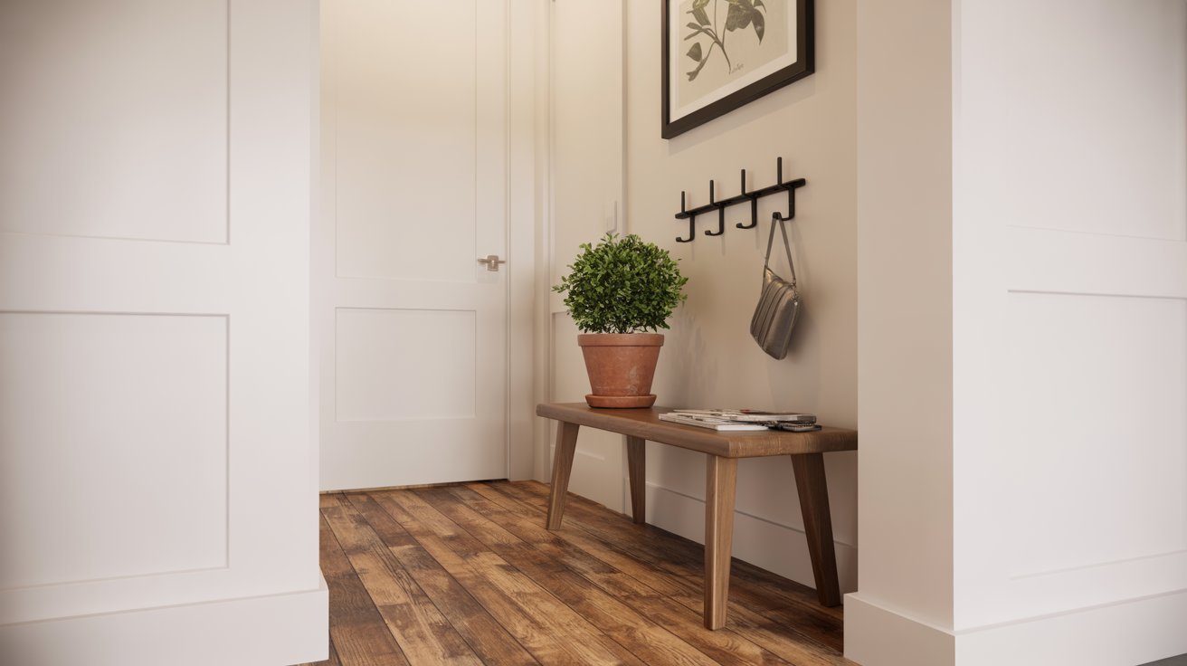 A hallway featuring a wooden bench and a green potted plant, creating a welcoming atmosphere.