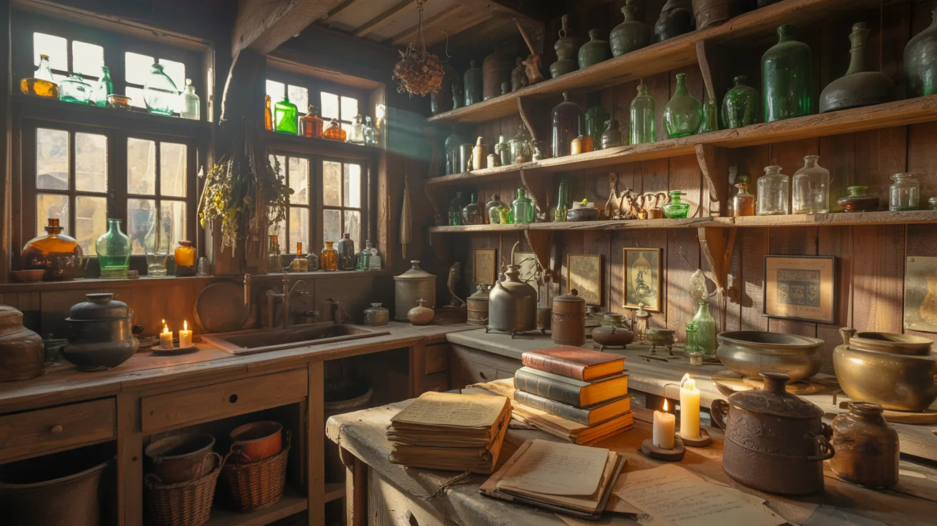 A room filled with shelves displaying numerous bottles and jars of various shapes and sizes.
