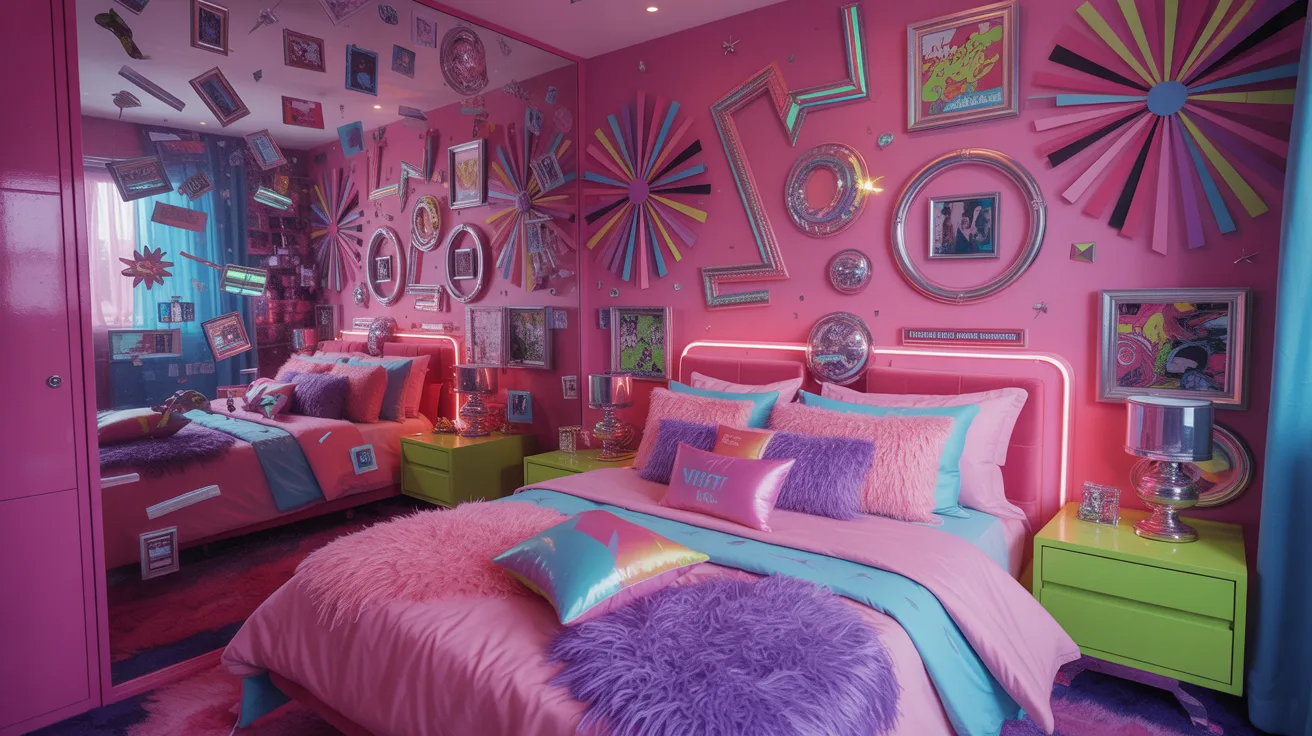 A cozy bedroom featuring pink walls and vibrant, colorful furniture, creating a cheerful and inviting atmosphere.