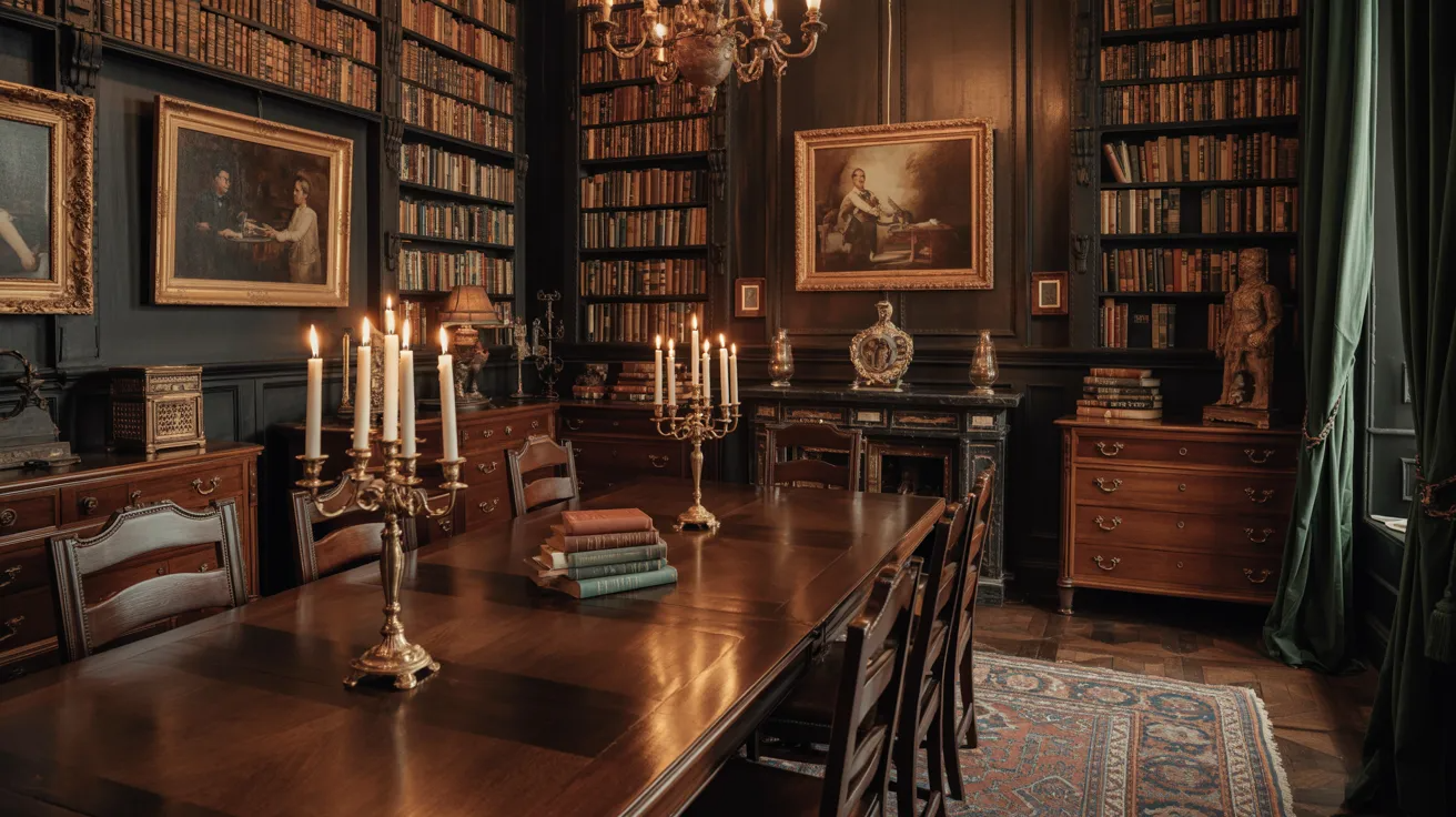 A dining room featuring a table and chairs positioned in front of a large, filled bookcase.
