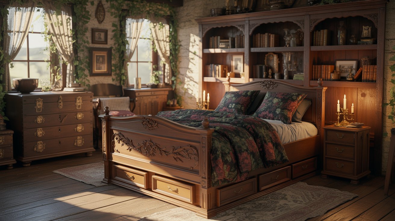 A well-organized bedroom with a comfortable bed, a stylish dresser, and shelves lined with books.