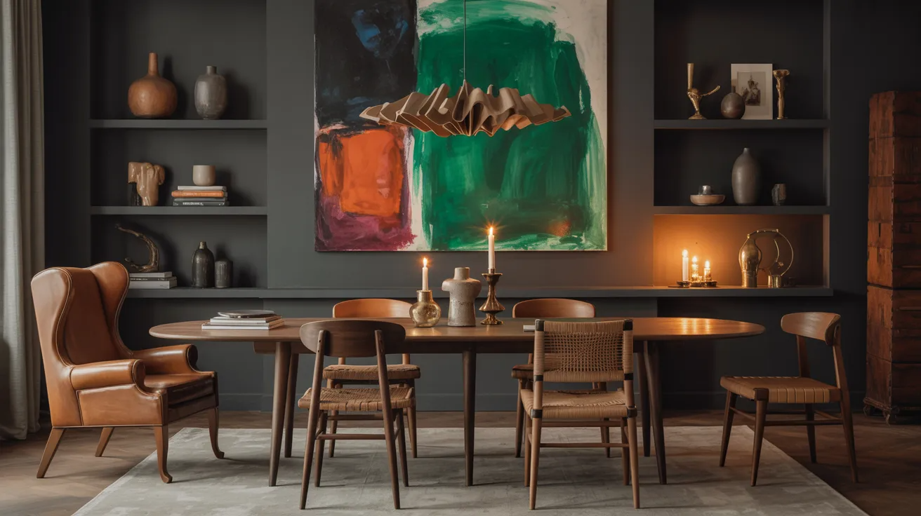 A dining room featuring a large painting prominently displayed on the wall, enhancing the room's aesthetic appeal.