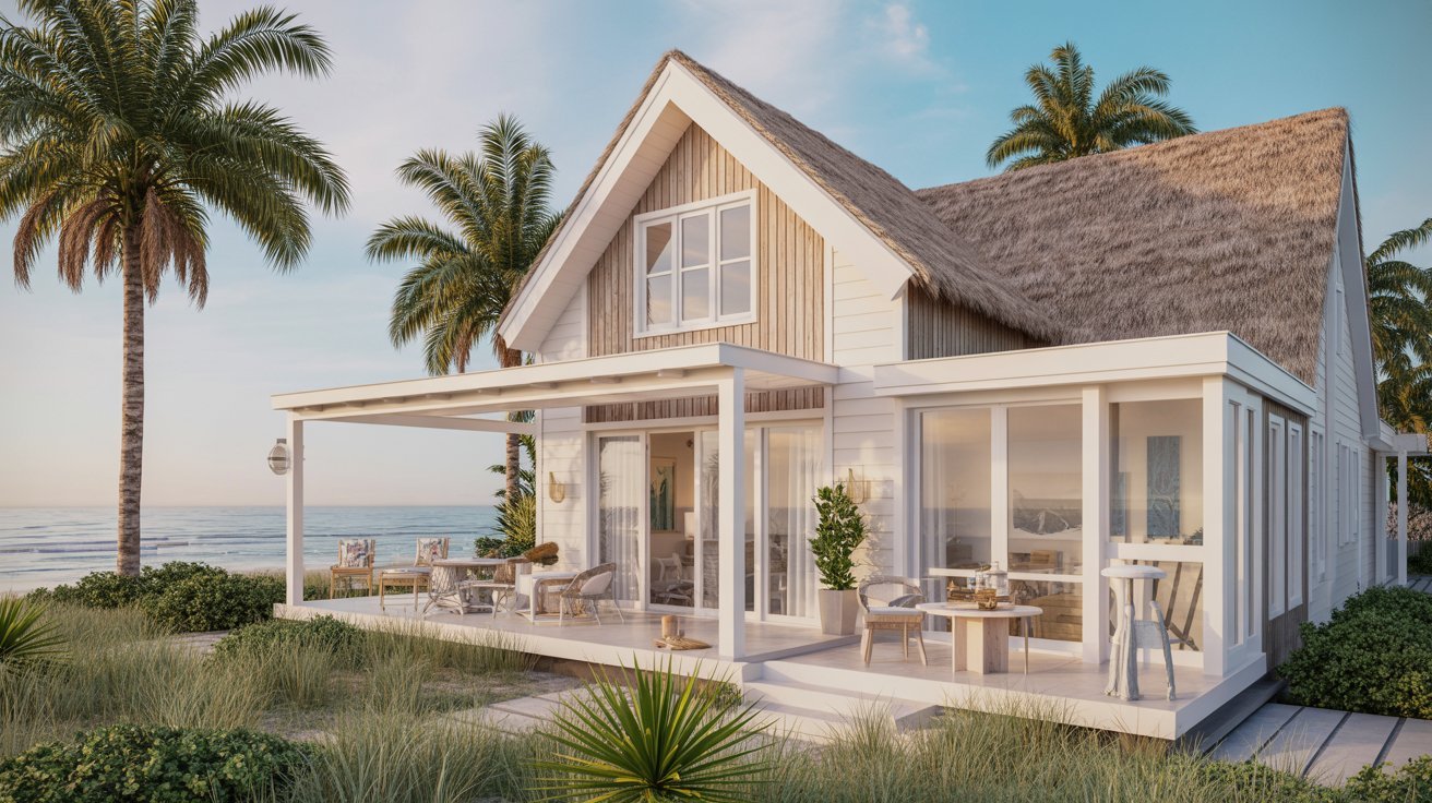 A beach house featuring a thatched roof and white walls, set against a clear blue sky.