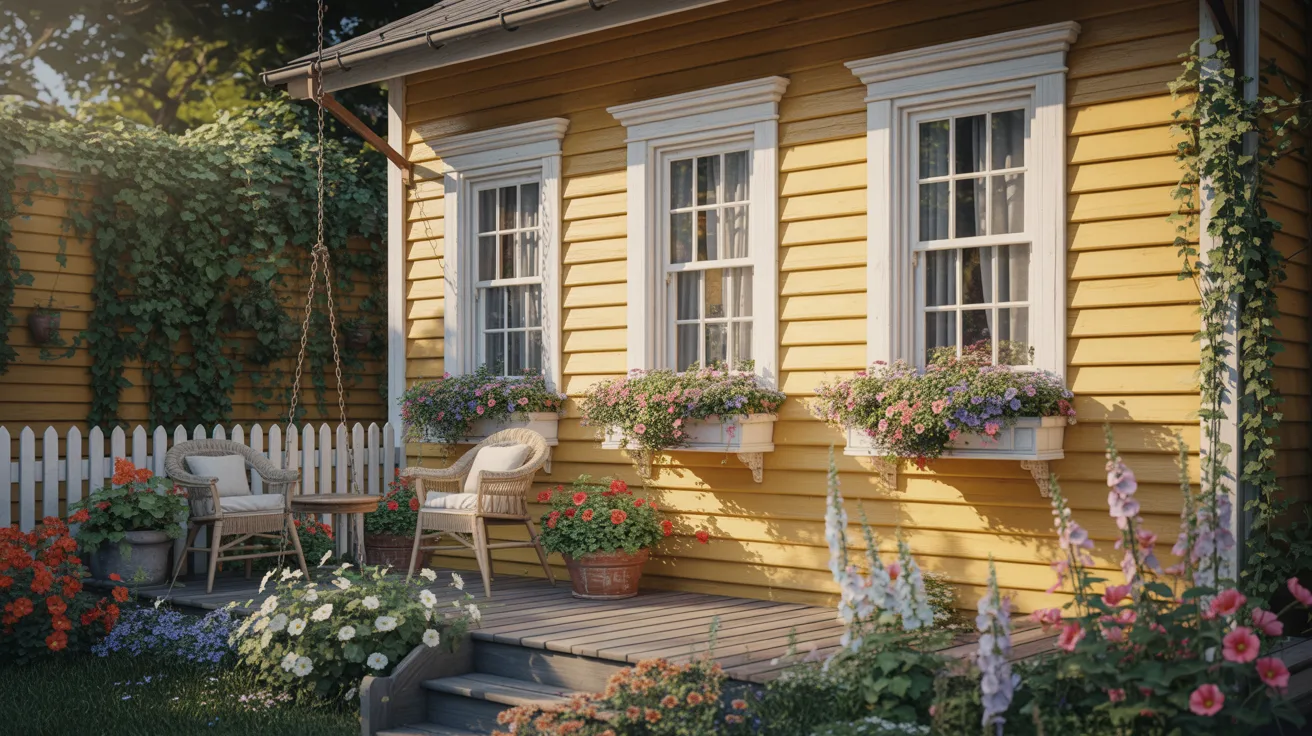 A bright yellow house surrounded by colorful flowers, featuring a welcoming porch.