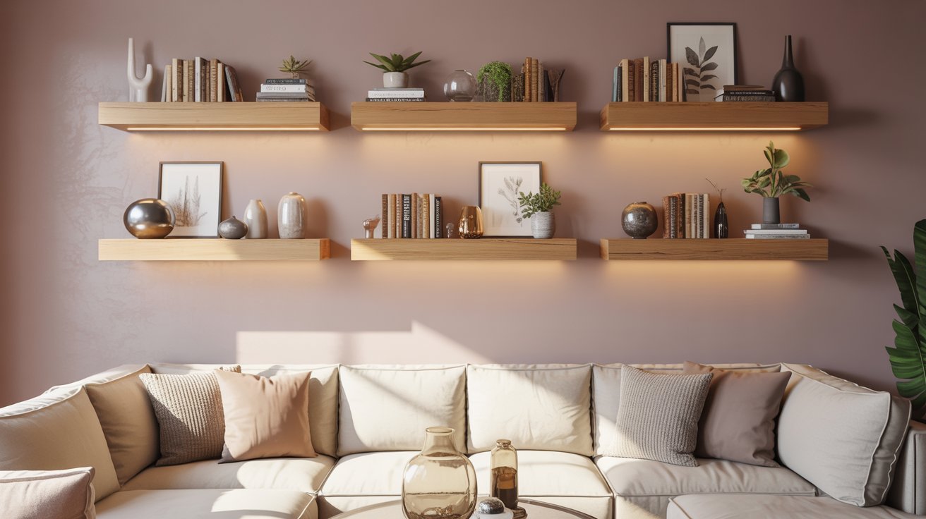 A cozy living room featuring a couch, bookshelves filled with books, and a standing lamp illuminating the space.