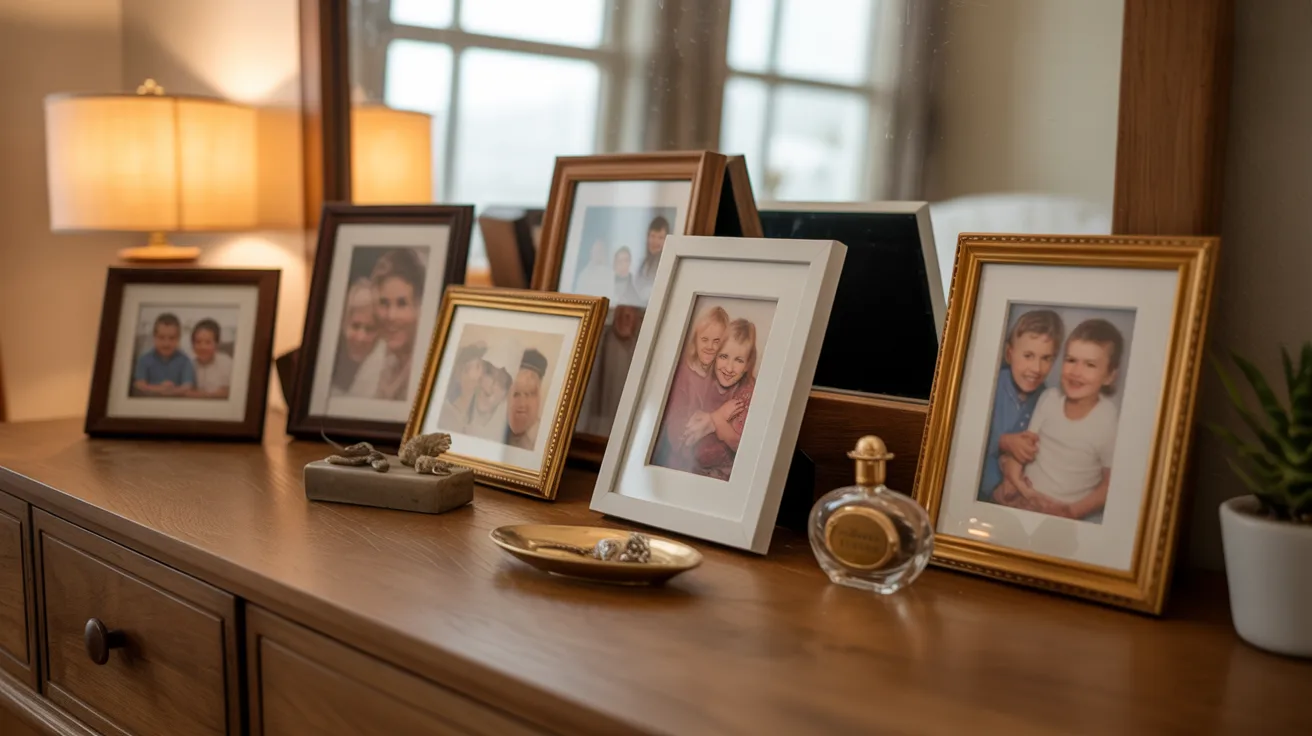 A table displaying several framed pictures alongside a decorative mirror.