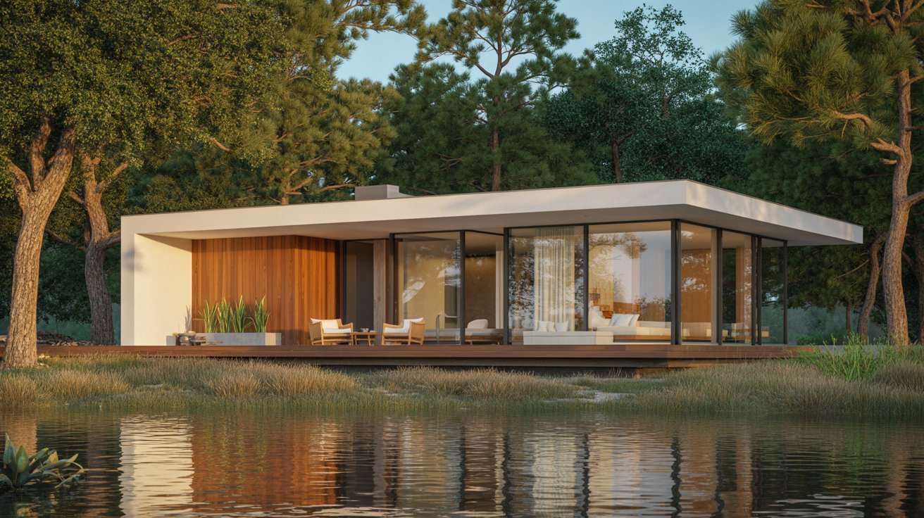 A sleek modern house situated on the shore of a tranquil lake, surrounded by lush greenery and clear blue skies.
