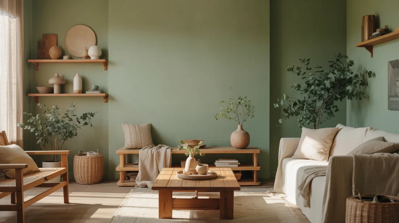 A cozy living room with green walls features a wooden coffee table, beige sofa, and wicker chairs. Plants add freshness, while wooden shelves display ceramics.
