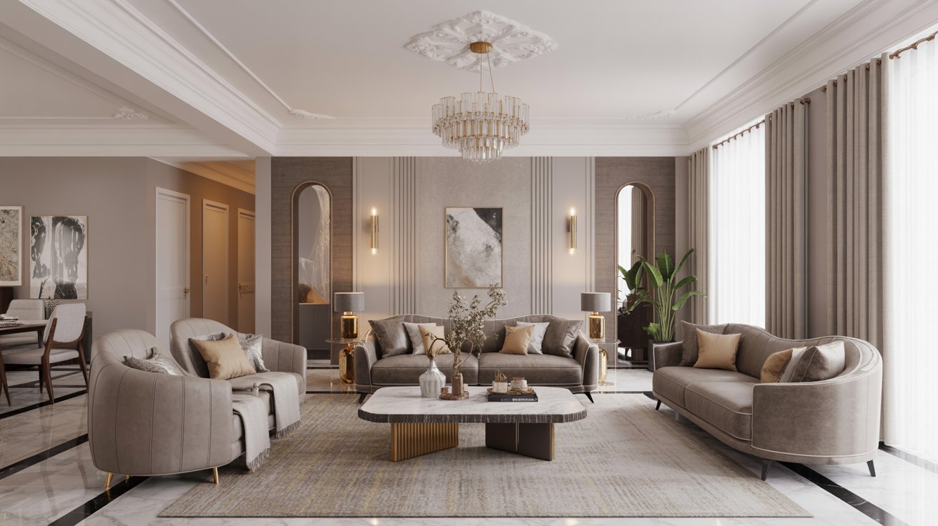  A living room featuring beige furniture and an elegant chandelier hanging from the ceiling.
