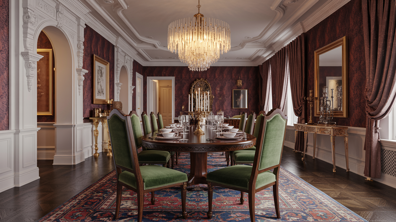 A formal dining room featuring an elegant chandelier and ornate decor, creating a sophisticated atmosphere.