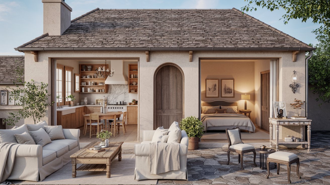 A small cottage featuring a cozy patio and a well-equipped kitchen, surrounded by greenery.