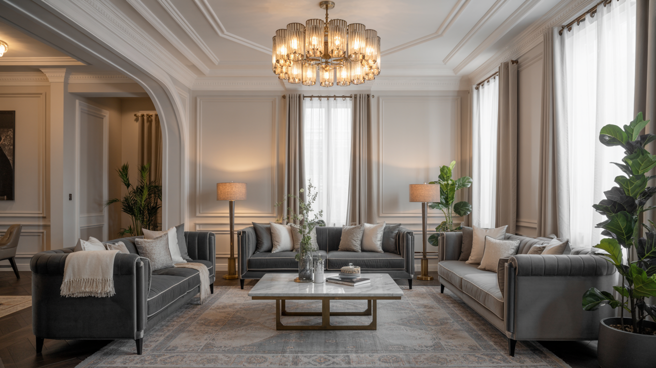  A cozy living room featuring couches, chairs, and an elegant chandelier hanging from the ceiling.