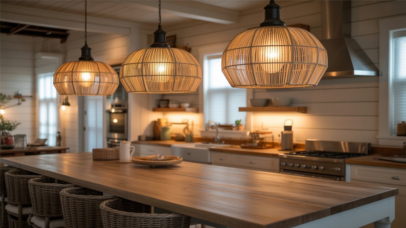 A modern kitchen featuring wooden cabinets and stylish pendant lights hanging from the ceiling.