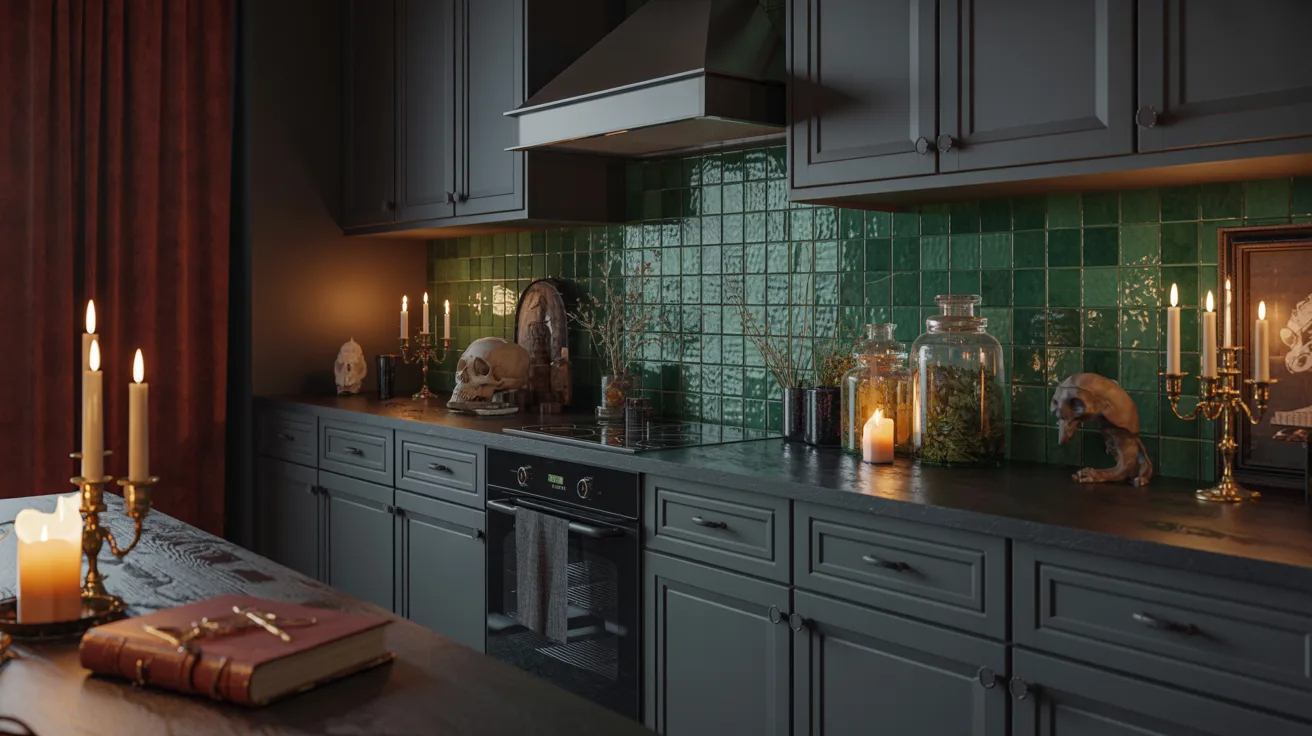 A stylish kitchen with green tiled walls and candles, enhancing the inviting atmosphere.