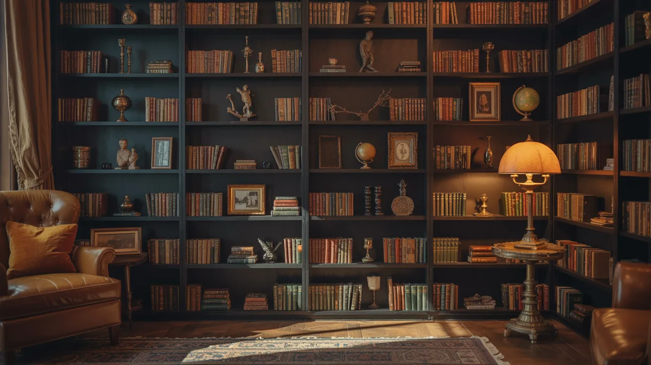 An inviting room with a single chair and extensive bookshelves filled with various books.