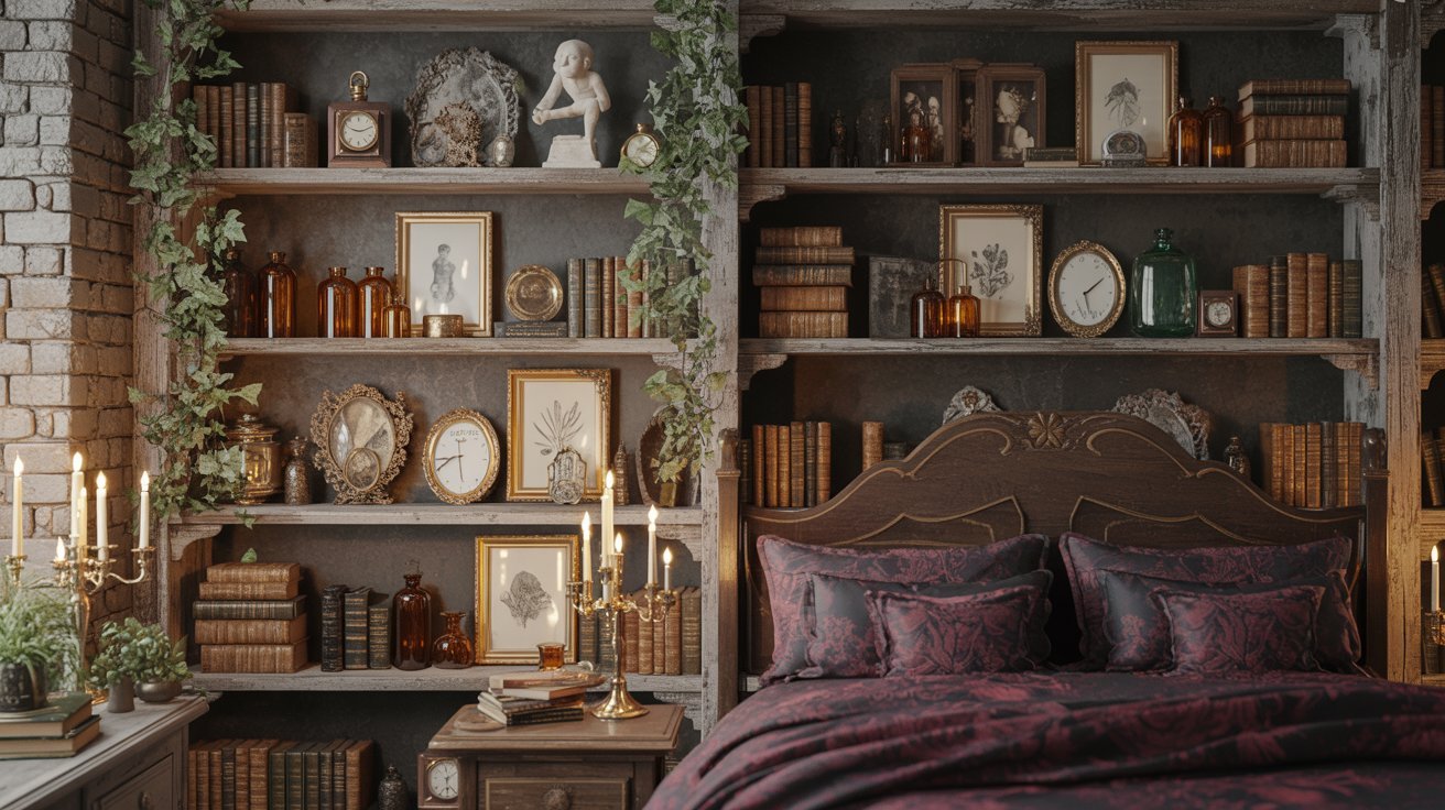 A cozy bedroom featuring a bed, bookshelves filled with books, and a warm fireplace.