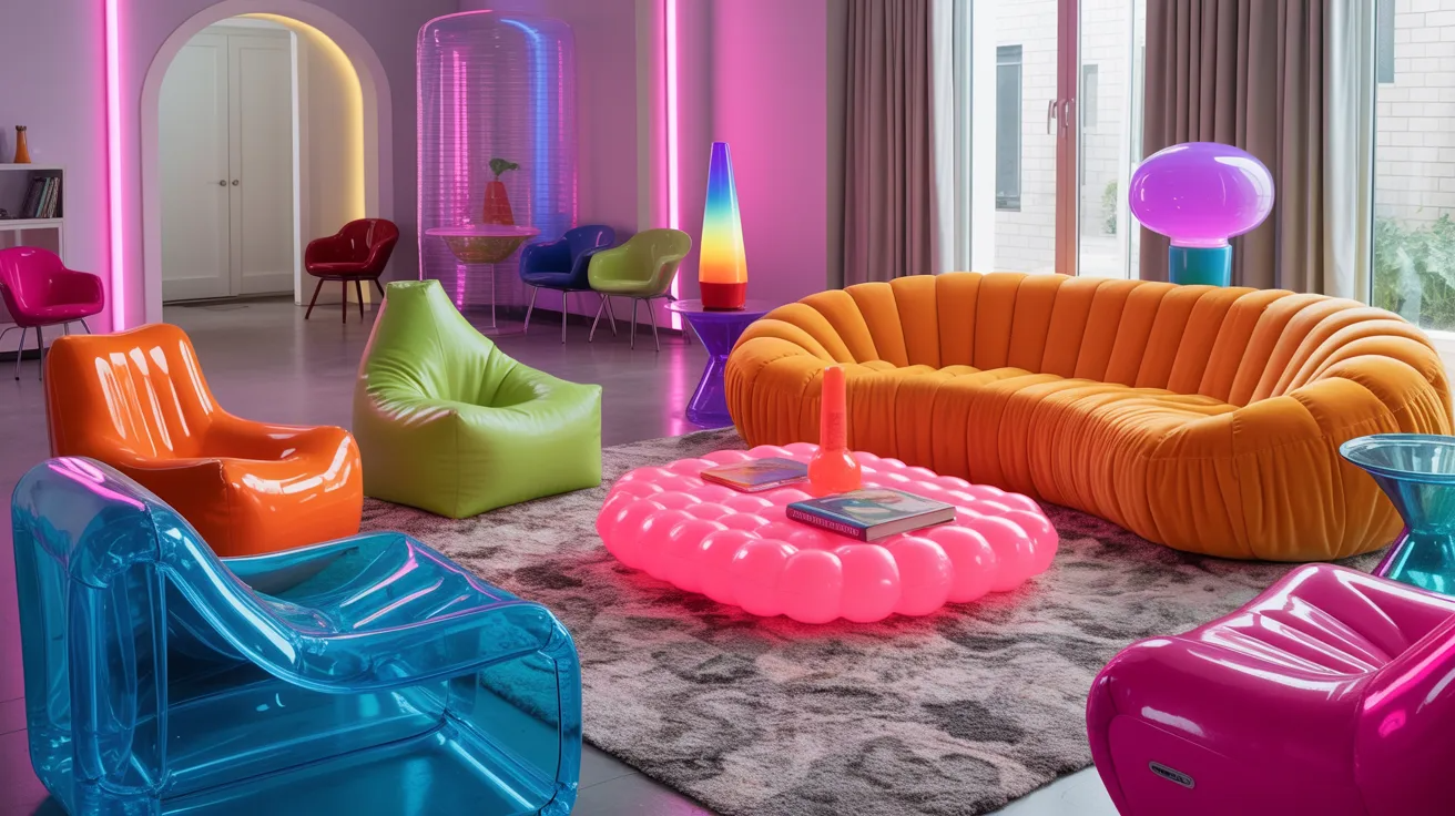 . A vibrant living room featuring neon lights and an array of colorful furniture, creating a lively atmosphere.
