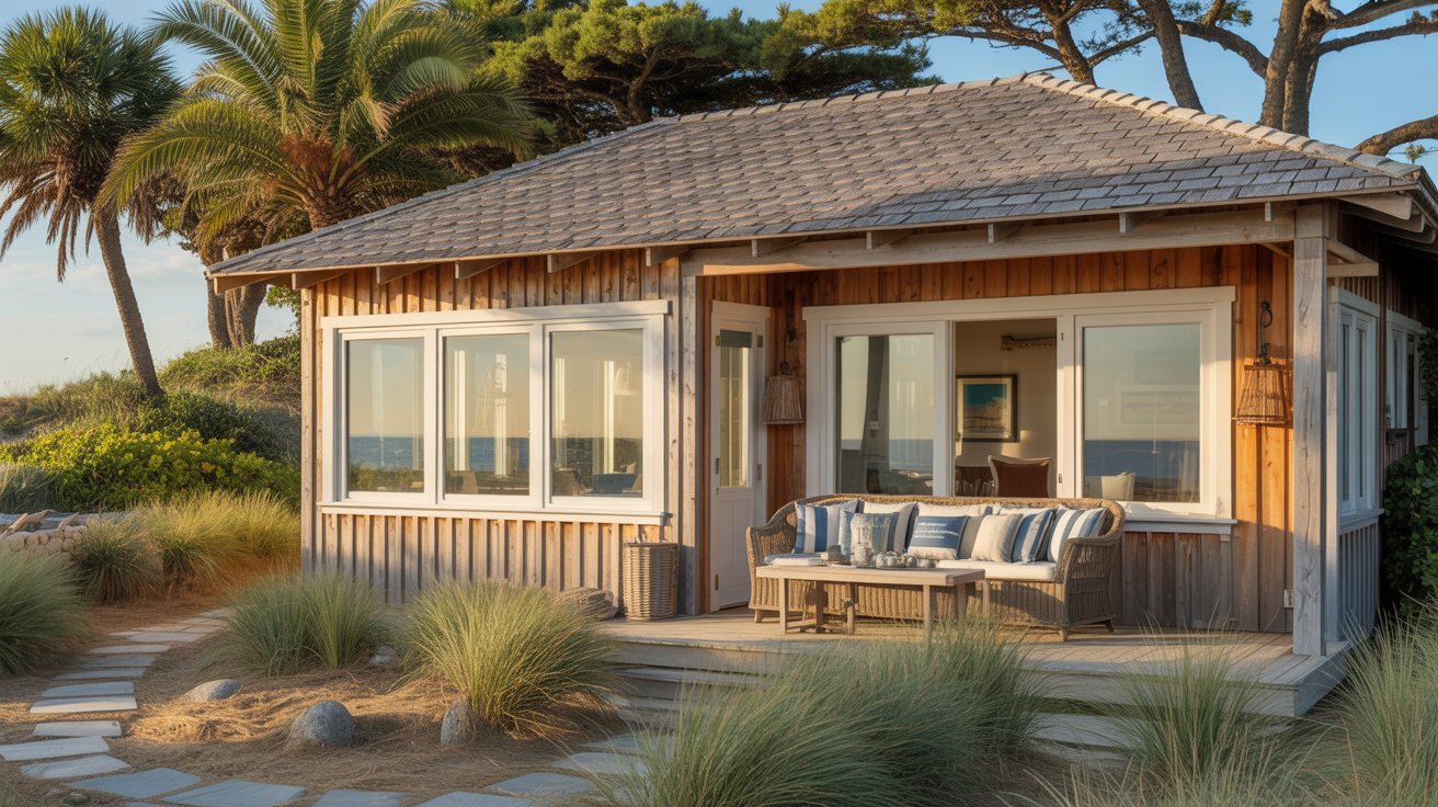 A small cottage with a patio overlooking the ocean, surrounded by greenery and a clear blue sky.