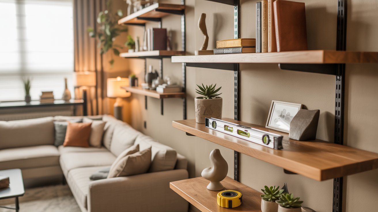A cozy living room featuring a couch, coffee table, and shelves filled with books and decorative items.