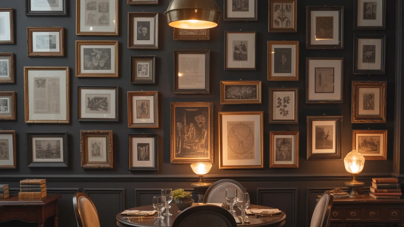 A dining room featuring a wall adorned with various framed pictures, creating a warm and inviting atmosphere.