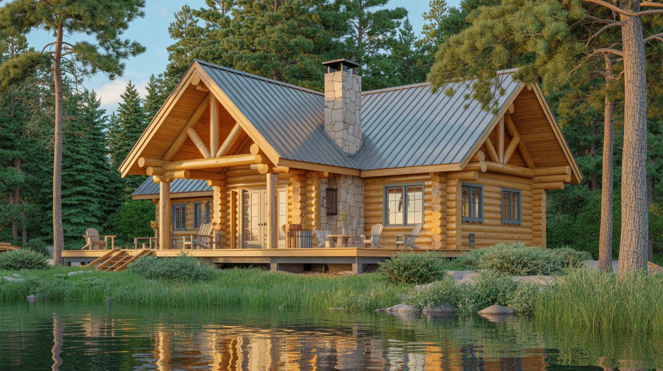 A rustic log cabin stands by a serene lake, surrounded by trees and reflecting the calm water.