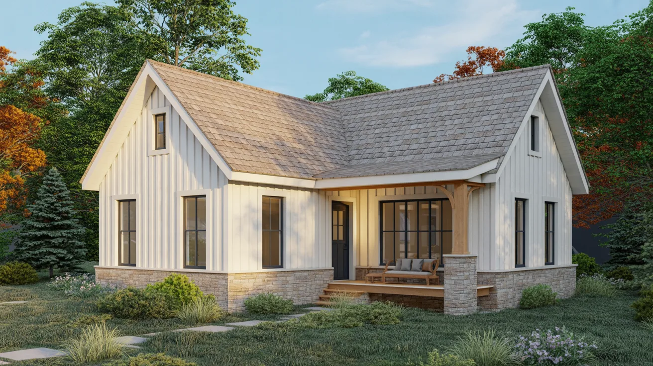 A small cottage-style house with a thatched roof and flower-filled garden, set against a clear blue sky.