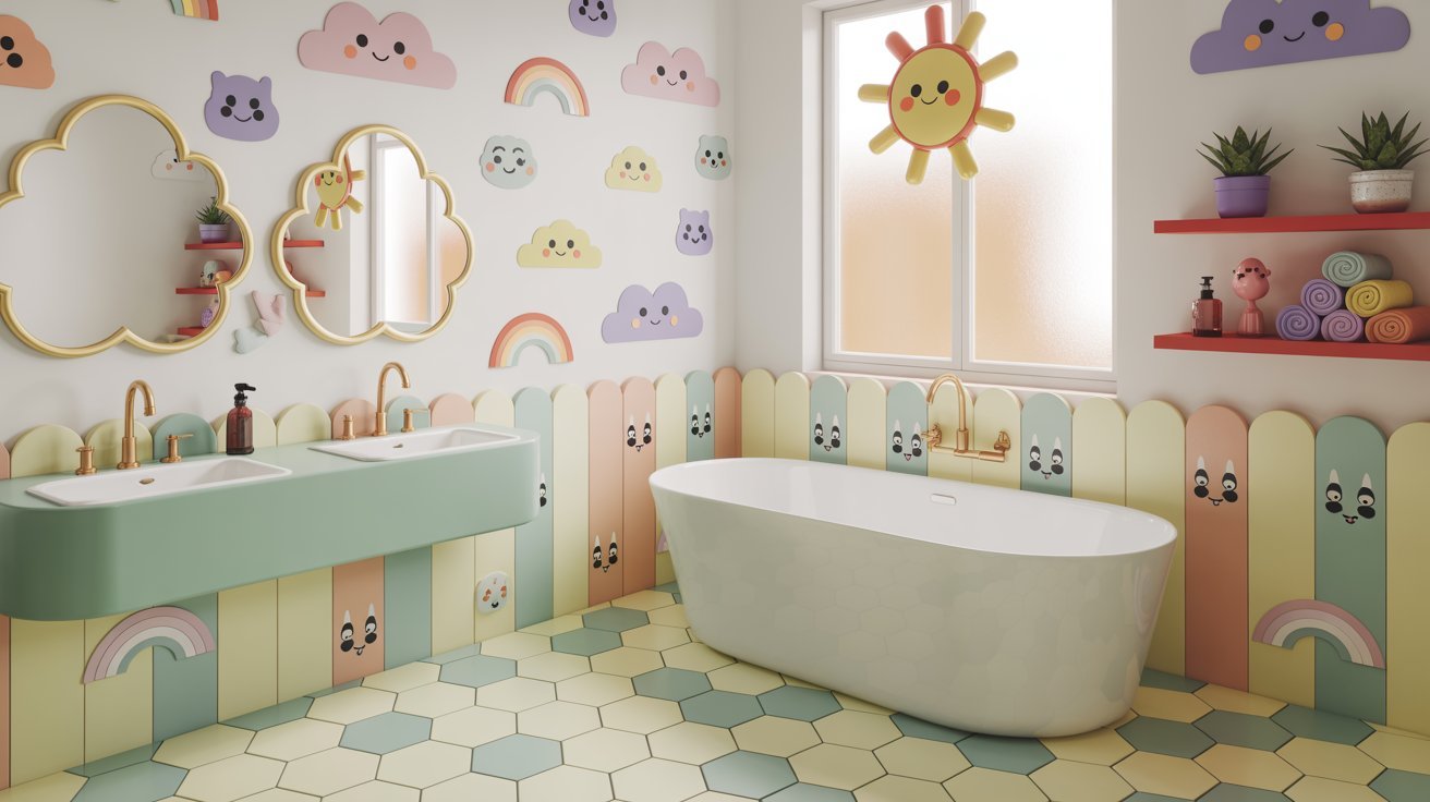  A vibrant bathroom featuring a colorful rainbow wall and a spacious bathtub.